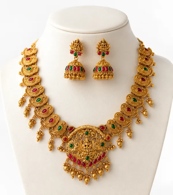 Traditional_Temple_Necklace_Set_with_Goddess_Pendant_&_Ruby_Green_Stone_Work