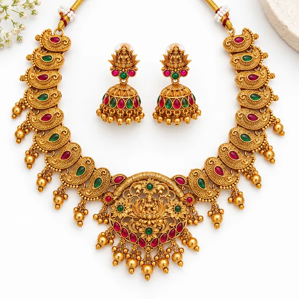 Traditional_Temple_Necklace_Set_with_Goddess_Pendant_&_Ruby_Green_Stone_Work
