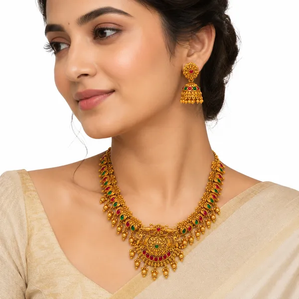 Traditional_Temple_Necklace_Set_with_Goddess_Pendant_&_Ruby_Green_Stone_Work
