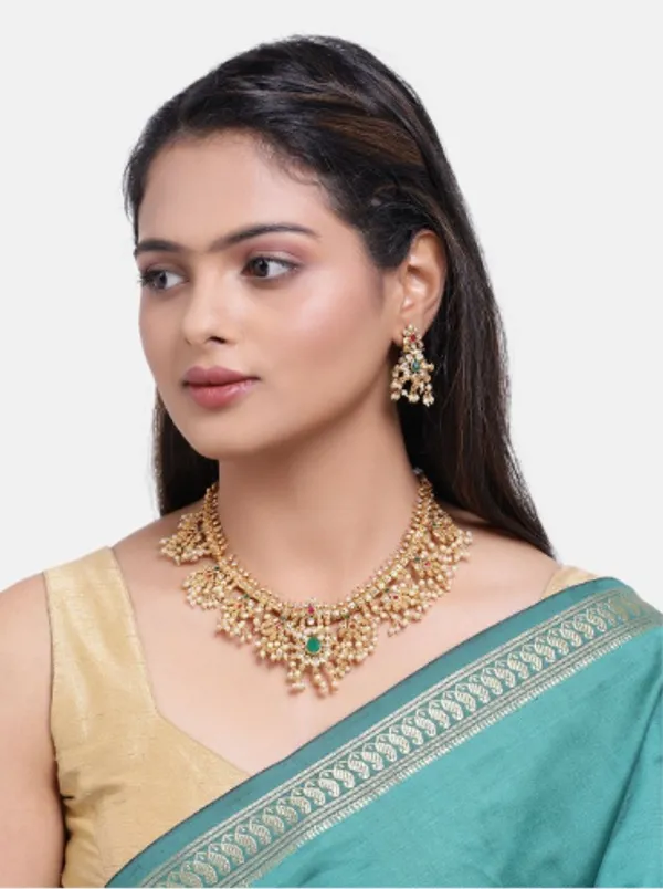 Classic_Pearl_Gold_Plated_temple__Necklace_Set_With_Earrings_For_Women