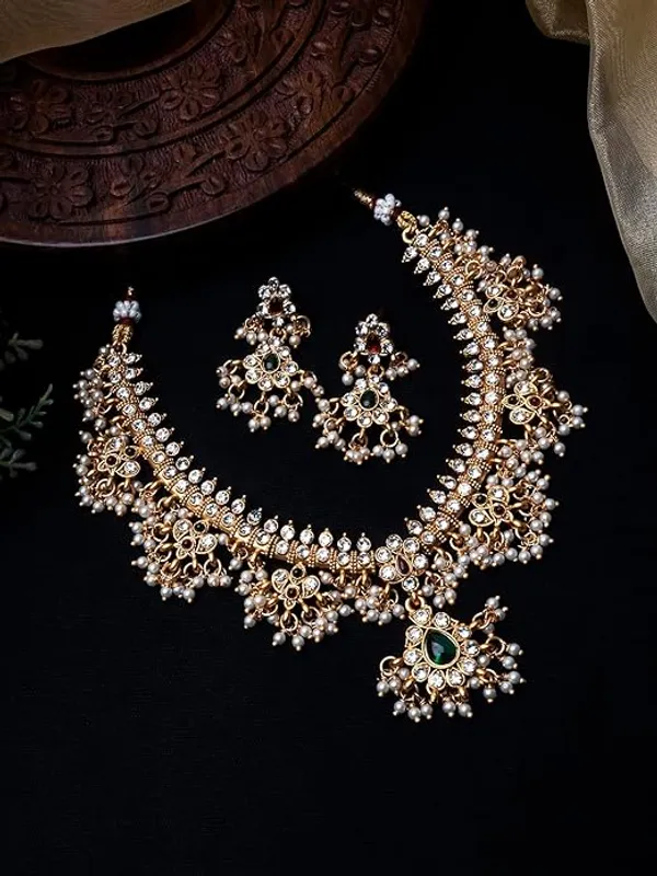 Classic_Pearl_Gold_Plated_temple__Necklace_Set_With_Earrings_For_Women