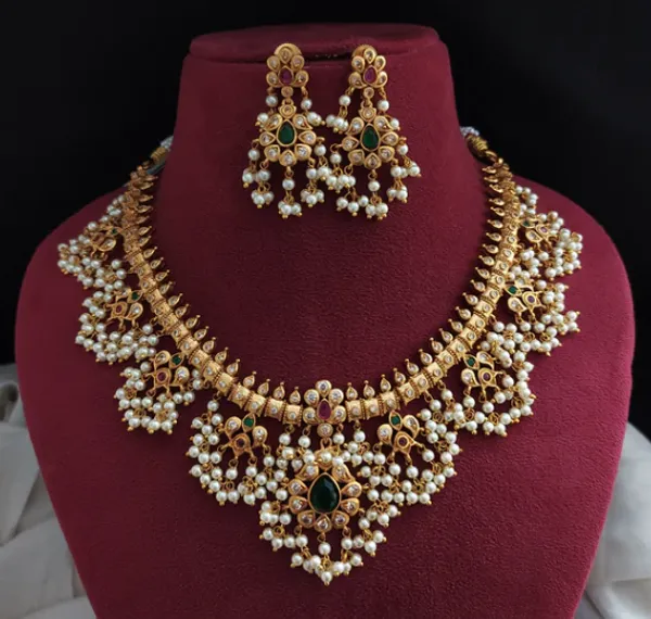 Classic_Pearl_Gold_Plated_temple__Necklace_Set_With_Earrings_For_Women