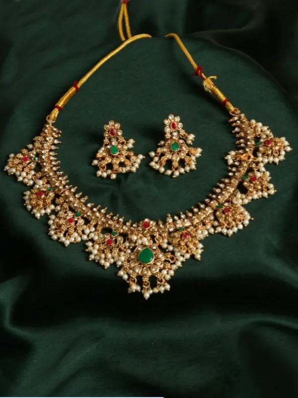 Classic_Pearl_Gold_Plated_temple__Necklace_Set_With_Earrings_For_Women