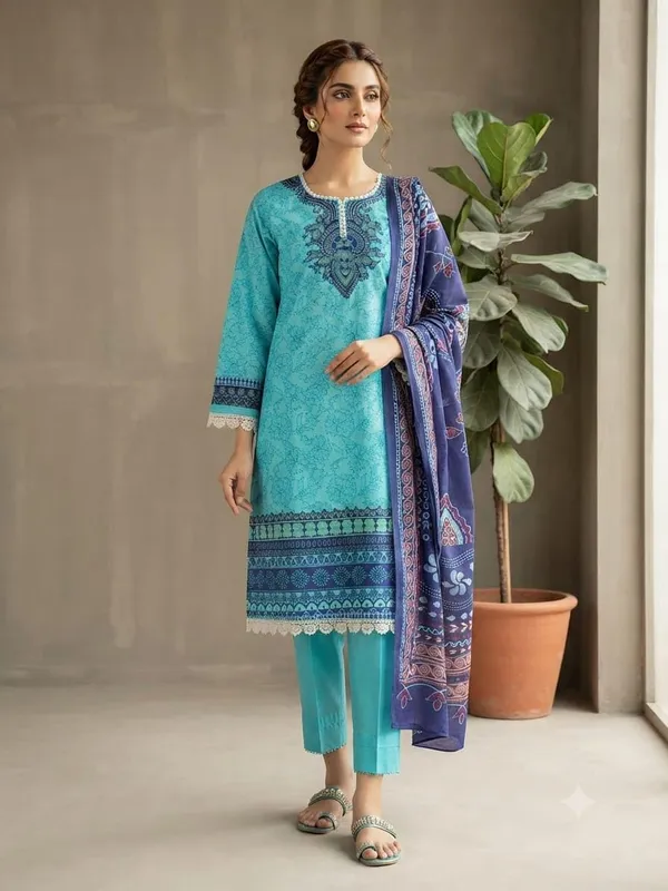 Readymade_Printed_Cotton_Pakistani_Suit_3_Piece_With_Dupatta_Teal_Blue_Colour