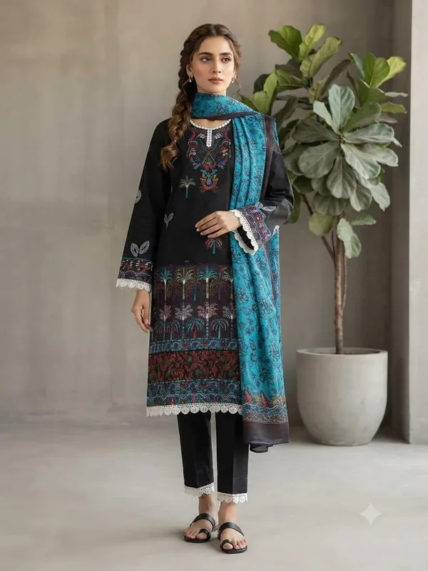 Readymade_Printed_Cotton_Pakistani_Suit_Black_With_Teal_Dupatta_3_Piece_Set