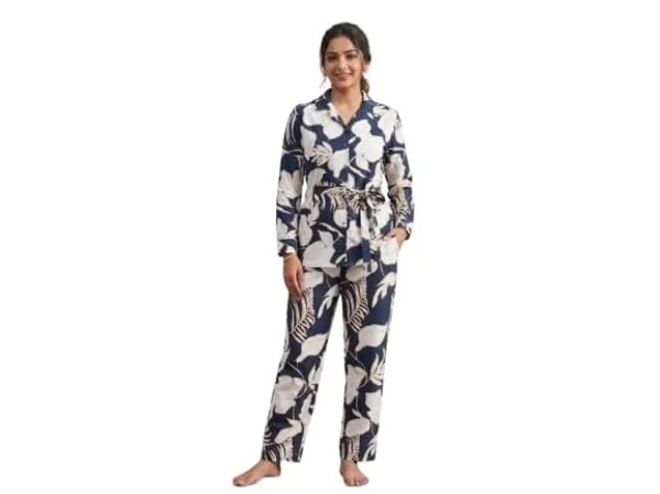 Rayon_Cotton_Printed_Relaxed_Fit_Cord_Set_For_Women_Long_Sleeves_Floral_Print_Belted_Waist_Full_Length_Pants_Navy_Blue