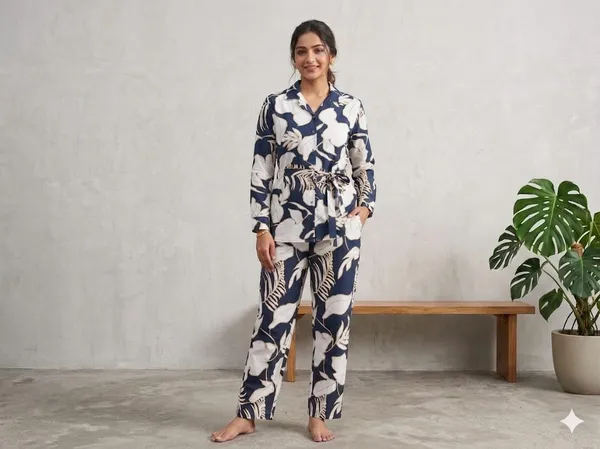 Rayon_Cotton_Printed_Relaxed_Fit_Cord_Set_For_Women_Long_Sleeves_Floral_Print_Belted_Waist_Full_Length_Pants_Navy_Blue