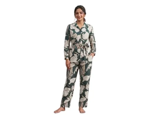 Rayon_Cotton_Printed_Relaxed_Fit_Cord_Set_For_Women_Long_Sleeves_Tropical_Print_Tie_Waist_Design_Co_Ord_Set_Full_Length_Trousers