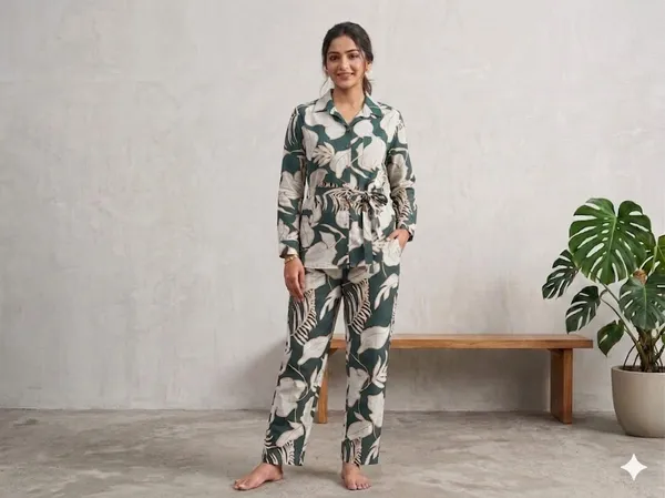 Rayon_Cotton_Printed_Relaxed_Fit_Cord_Set_For_Women_Long_Sleeves_Tropical_Print_Tie_Waist_Design_Co_Ord_Set_Full_Length_Trousers