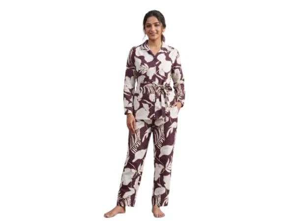Rayon_Cotton_Printed_Relaxed_Fit_Cord_Set_For_Women_Long_Sleeves_Floral_Print_Belted_Waist_Full_Length_Trousers_Notch_Collar