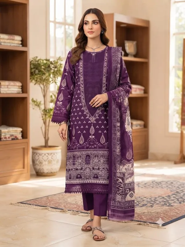 Cotton_Printed_Pakistani_Suit_In_Purple_3_Piece_Set_Dupatta_Included