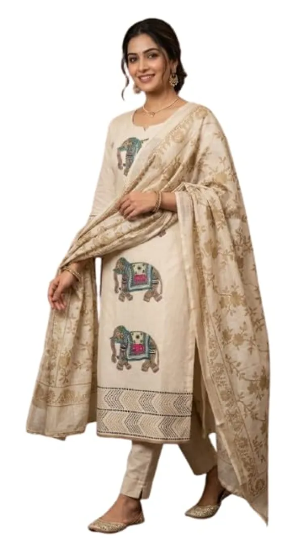 Jaam_Cotton_Unstitched_Suit_With_Elephant_Print_Elephant_Motif_Dupatta_Included_Kurta_Trouser_Set_Beige_Colour_Ethnic_Wear