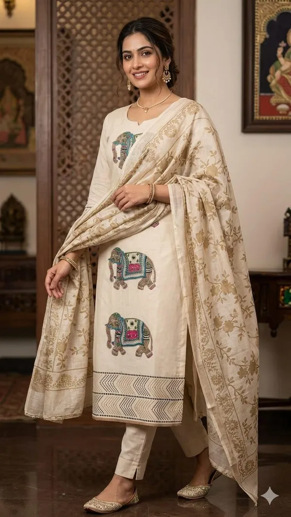 Jaam_Cotton_Unstitched_Suit_With_Elephant_Print_Elephant_Motif_Dupatta_Included_Kurta_Trouser_Set_Beige_Colour_Ethnic_Wear
