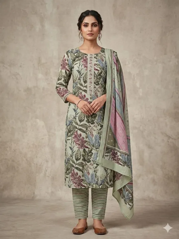 Beautiful_Pure_Cotton_Printed_Unstitched_Suit_With_Neck_Embroidery_Floral_Print_Embroidered_Neckline_Includes_Dupatta_Salwar_Suit_Set_Light_Green_Colour