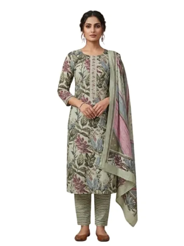 Beautiful_Pure_Cotton_Printed_Unstitched_Suit_With_Neck_Embroidery_Floral_Print_Embroidered_Neckline_Includes_Dupatta_Salwar_Suit_Set_Light_Green_Colour