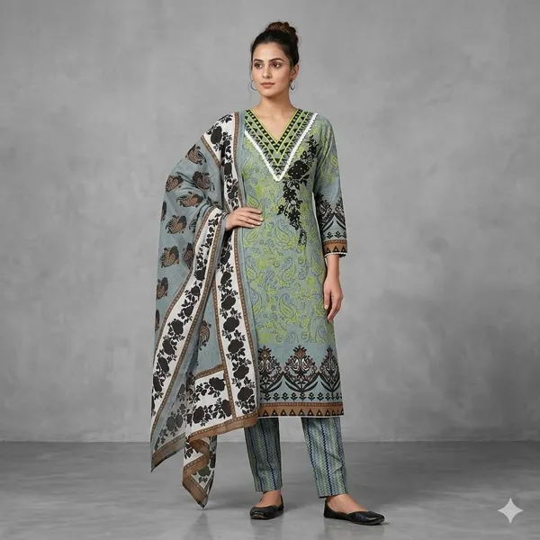 Pure_Cotton_Unstitched_Suit_With_Neck_Work_Dupatta_Included_Paisley_Print_V_Neck_Design_3_4_Sleeves_Salwar_Suit_Set