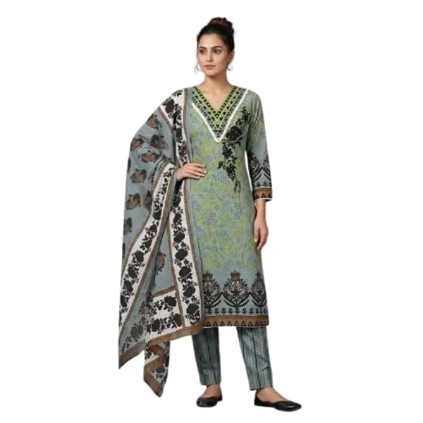 Pure_Cotton_Unstitched_Suit_With_Neck_Work_Dupatta_Included_Paisley_Print_V_Neck_Design_3_4_Sleeves_Salwar_Suit_Set