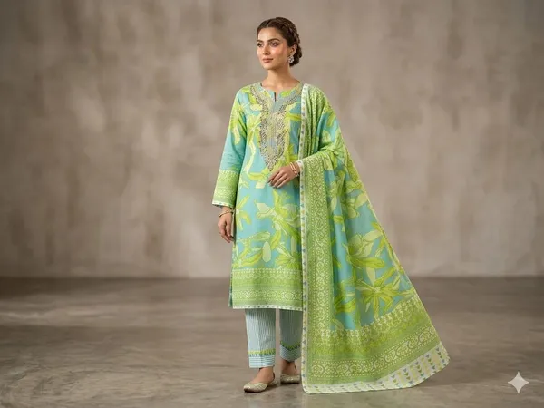 Pure_Cotton_Printed_Unstitched_Suit_With_Neck_Embroidery_Floral_Print_Embroidered_Neckline_Includes_Dupatta_Salwar_Suit_Set_Light_Green_Colour