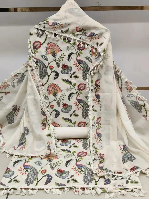 Unstitched_Printed_Cambric_Cotton_Suit_With_Mal_Cotton_Dupatta_Floral_Print_3_Piece_Set_Tassel_Border_Off_White_Colour_Ethnic_Wear
