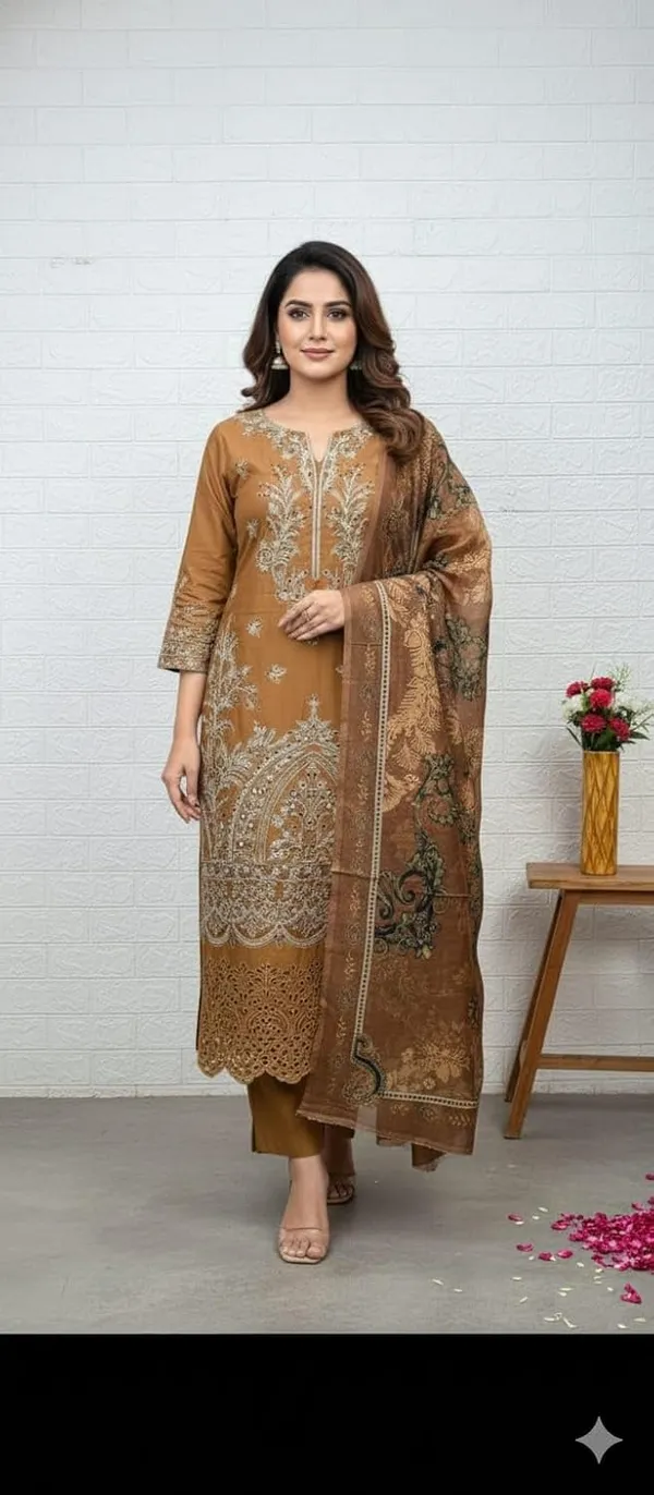 Unstitched_Chikankari_Embroidery_Cotton_Suit_With_Dupatta_Floral_Embroidery_Includes_Dupatta_3_4_Sleeves_Straight_Kurta_Mustard_Brown