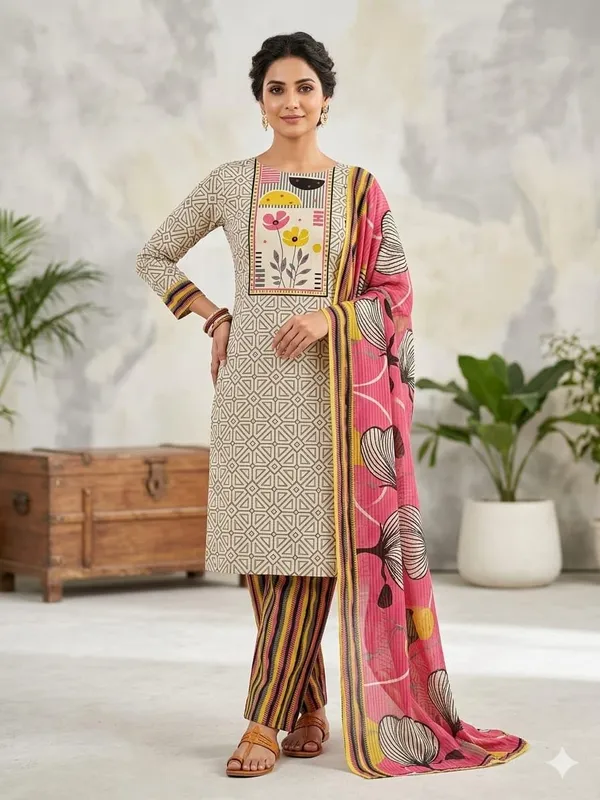 Unstitched_Floral_Print_Pure_Cotton_Suit_Full_Sleeves_Dupatta_Included_Geometric_Pattern_Salwar_Style_Women_S_Ethnic_Wear