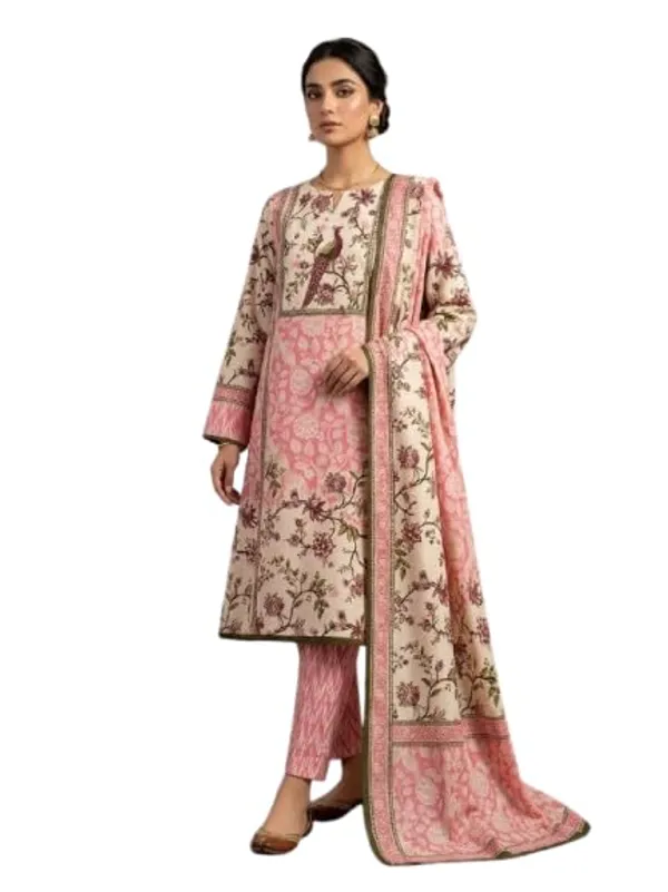 Product_Summary_Unstitched_Peacock_Print_Pure_Cotton_Suit_Floral_Print_Dupatta_Included_Salwar_Suit_Set_Pink_Cream_Women_S_Ethnic_Wear