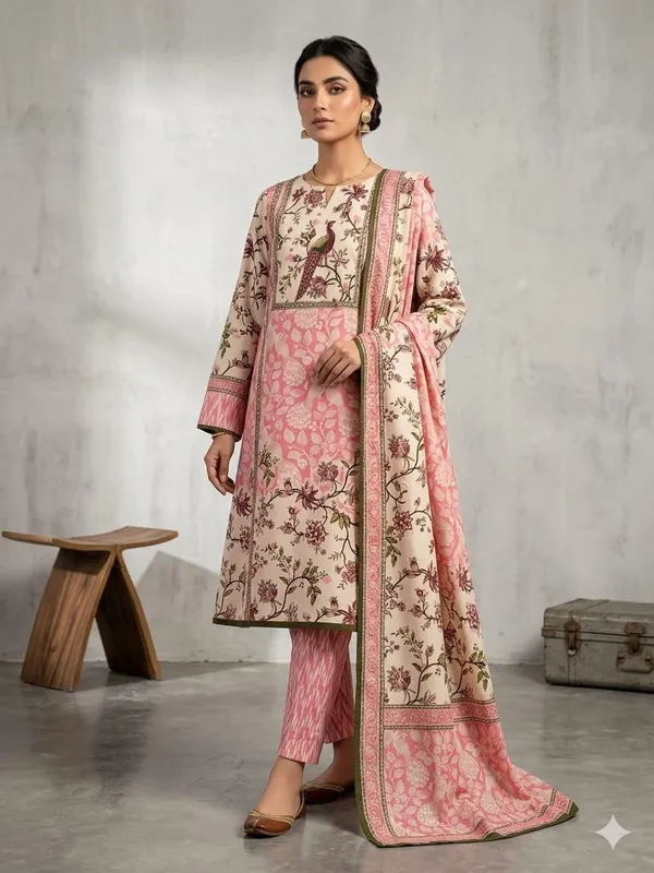 Product_Summary_Unstitched_Peacock_Print_Pure_Cotton_Suit_Floral_Print_Dupatta_Included_Salwar_Suit_Set_Pink_Cream_Women_S_Ethnic_Wear