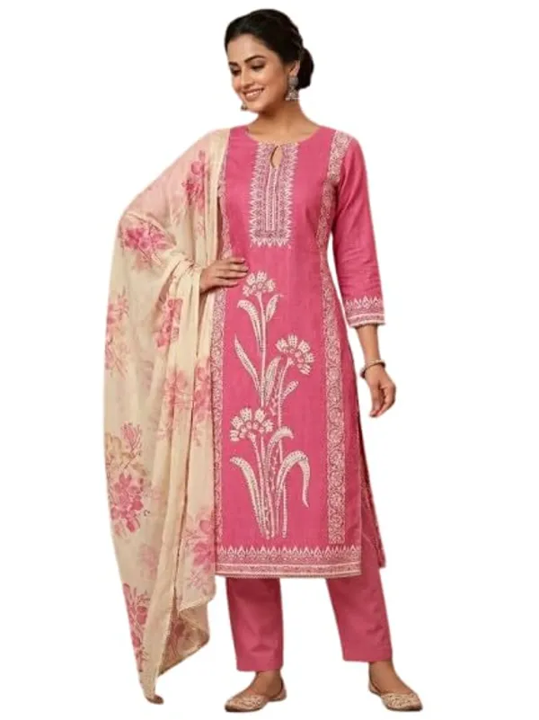 Unstitched_Pure_Cotton_Suit_With_Sequence_Work_Pink_Floral_Sequence_Embroidery_Floral_Print_Dupatta_Straight_Kurta_Style_3_4_Sleeves_Women_S_Ethnic_Wear
