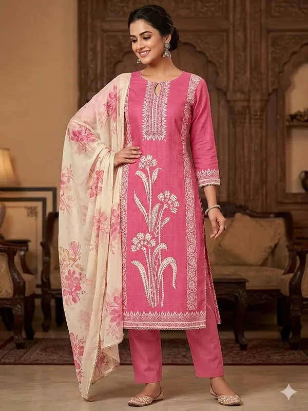 Unstitched_Pure_Cotton_Suit_With_Sequence_Work_Pink_Floral_Sequence_Embroidery_Floral_Print_Dupatta_Straight_Kurta_Style_3_4_Sleeves_Women_S_Ethnic_Wear