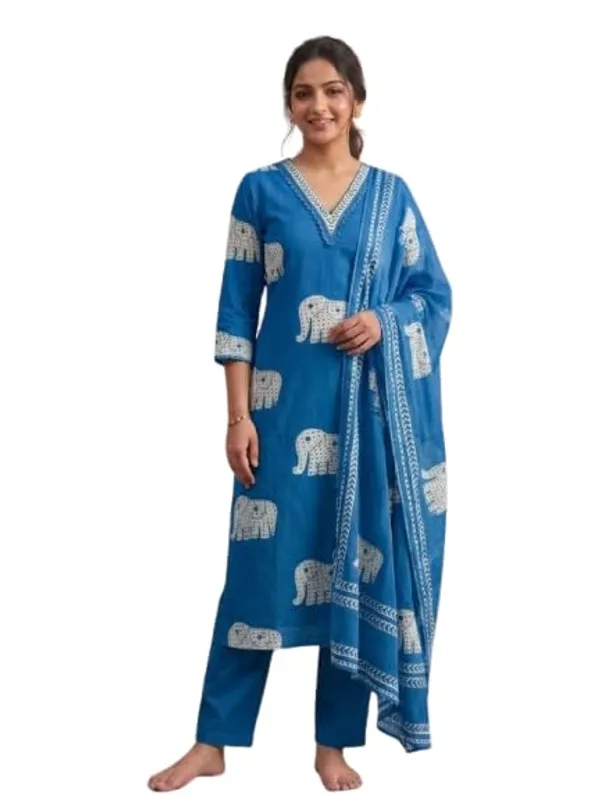 Unstitched_Designer_Printed_Jaam_Cotton_Suit_With_Beautiful_Neck_Elephant_Print_Blue_Colour_Includes_Dupatta_3_4_Sleeves_V_Neck_Design