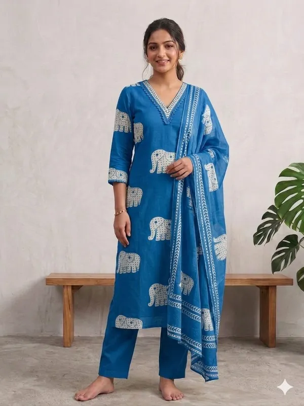 Unstitched_Designer_Printed_Jaam_Cotton_Suit_With_Beautiful_Neck_Elephant_Print_Blue_Colour_Includes_Dupatta_3_4_Sleeves_V_Neck_Design