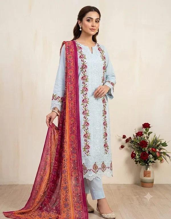 Unstitched_Heavy_Embroidered_Pakistani_Style_Suit_Floral_Embroidery_Dupatta_Included_Light_Blue_Colour_3_Piece_Set_Ethnic_Wear