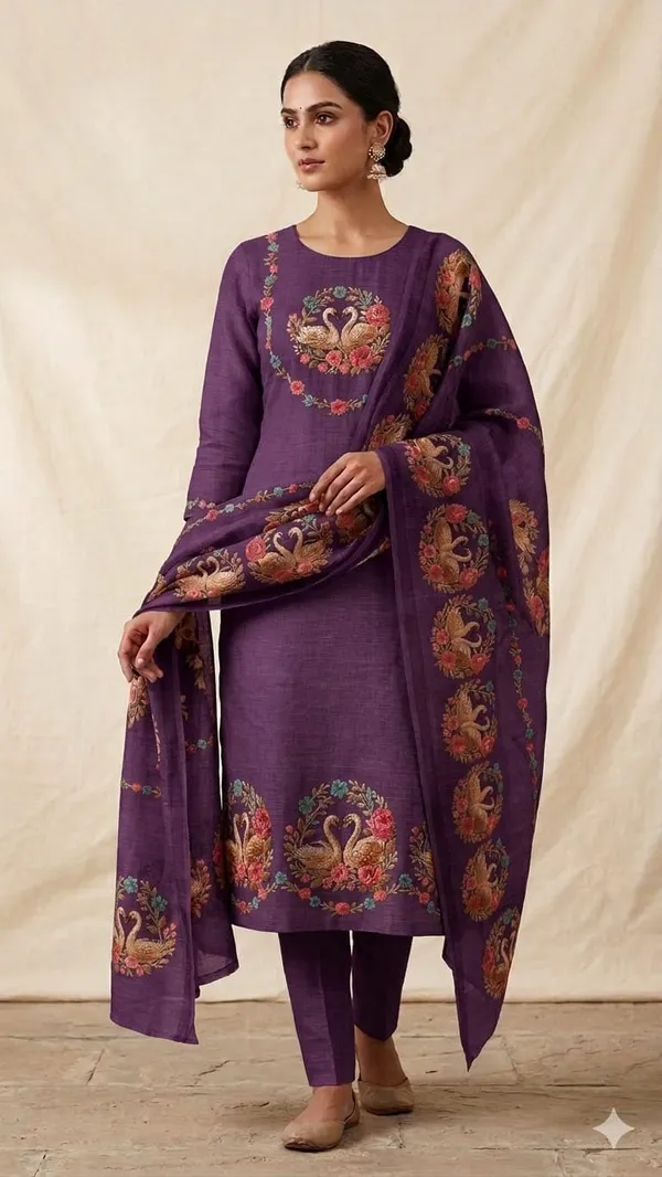 Unstitched_Designer_Pure_Linen_Suit_With_Swan_Sorosoki_Work_Floral_Print_Dupatta_Straight_Cut_Kurta_Mustard_Yellow_Ethnic_Wear_Unstitched_Fabric