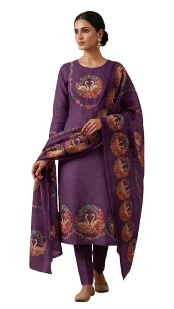 Unstitched_Designer_Pure_Linen_Suit_With_Swan_Sorosoki_Work_Floral_Print_Dupatta_Straight_Cut_Kurta_Mustard_Yellow_Ethnic_Wear_Unstitched_Fabric