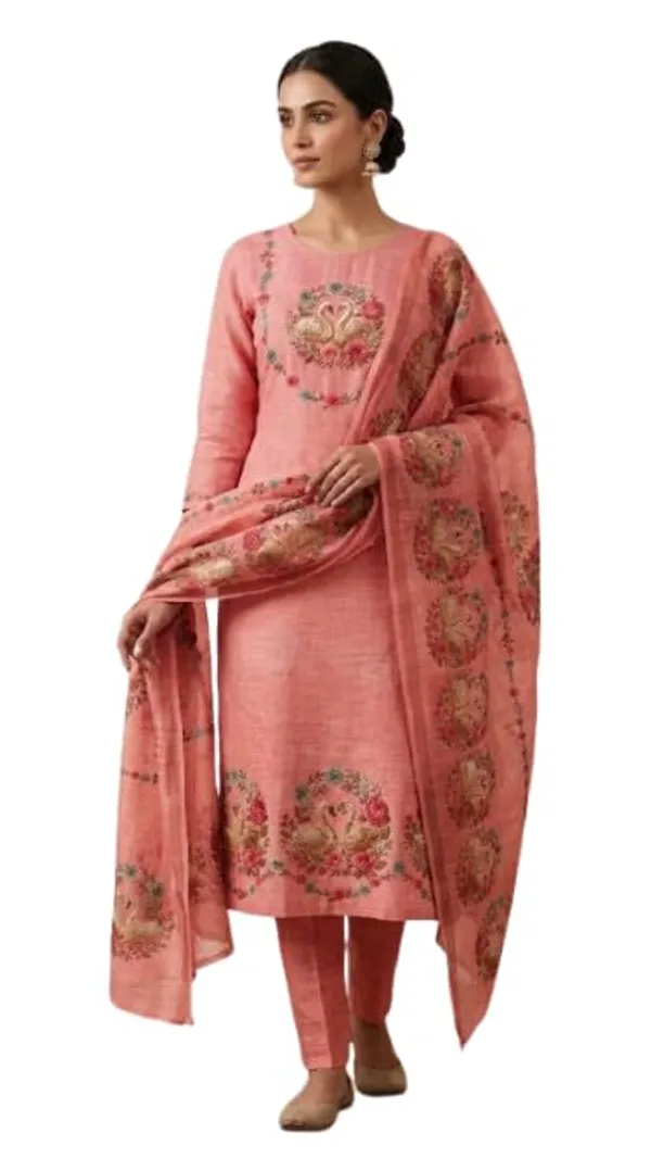 Unstitched_Designer_Pure_Linen_Suit_With_Swan_Sorosoki_Work_Floral_Print_Dupatta_Straight_Cut_Kurta_Mustard_Yellow_Ethnic_Wear_Unstitched_Fabric