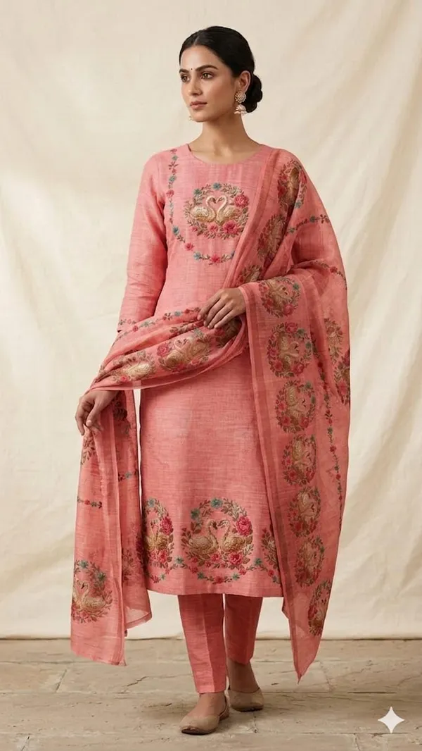 Unstitched_Designer_Pure_Linen_Suit_With_Swan_Sorosoki_Work_Floral_Print_Dupatta_Straight_Cut_Kurta_Mustard_Yellow_Ethnic_Wear_Unstitched_Fabric