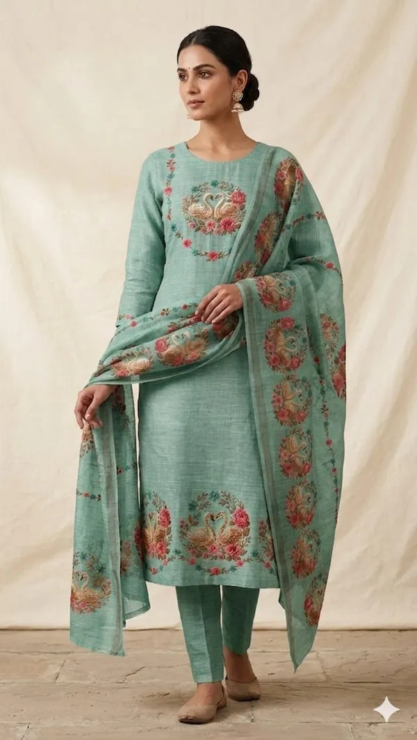 Unstitched_Designer_Pure_Linen_Suit_With_Swan_Sorosoki_Work_Floral_Print_Dupatta_Straight_Cut_Kurta_Mustard_Yellow_Ethnic_Wear_Unstitched_Fabric