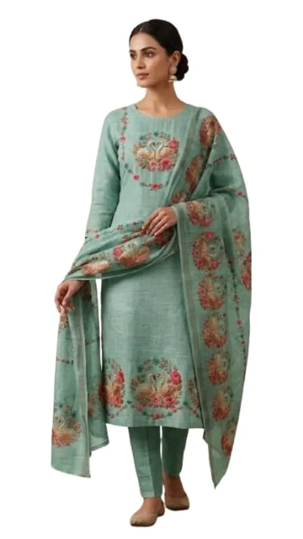 Unstitched_Designer_Pure_Linen_Suit_With_Swan_Sorosoki_Work_Floral_Print_Dupatta_Straight_Cut_Kurta_Mustard_Yellow_Ethnic_Wear_Unstitched_Fabric