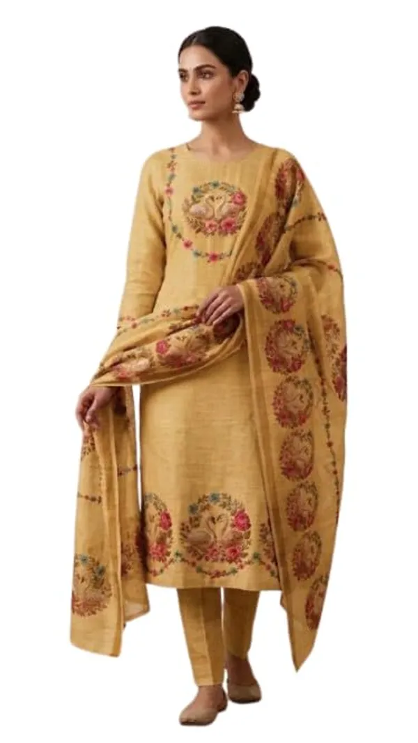 Unstitched_Designer_Pure_Linen_Suit_With_Swan_Sorosoki_Work_Floral_Print_Dupatta_Straight_Cut_Kurta_Mustard_Yellow_Ethnic_Wear_Unstitched_Fabric