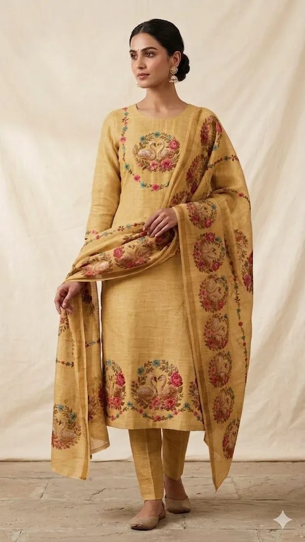 Unstitched_Designer_Pure_Linen_Suit_With_Swan_Sorosoki_Work_Floral_Print_Dupatta_Straight_Cut_Kurta_Mustard_Yellow_Ethnic_Wear_Unstitched_Fabric