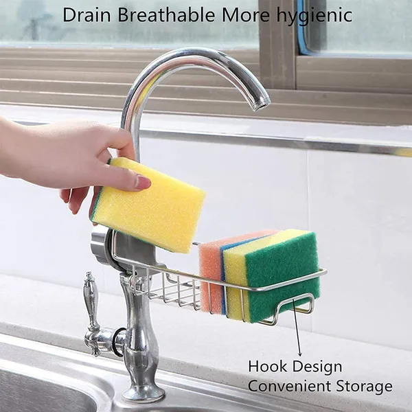 Multicolor_Kitchen_Sink_Sponge_Holder_Over_Faucet_Stainless_Steel_Caddy_For_Soap,_Brushes_&_Scrubbers_No_Suction_Or_Drilling_Needed