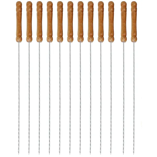 Silver_Oriley_12_Inch_Stainless_Steel_Barbeque_Skewers_Set_Rounded/Square_Bbq_Sticks_With_Wooden_Handle_Reusable_Metal_Kabab_Grill_Tool_For_Outdoor_Tandoor_Kebab_Grilling_(Pack_Of_12)