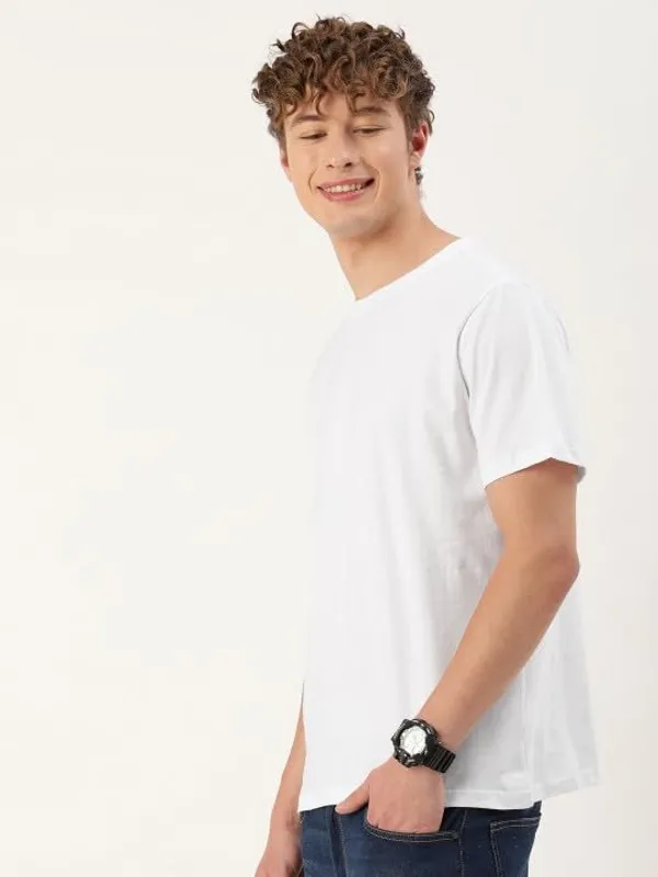 White_Solid_Round_Neck_T_Shirt_White_For_Men