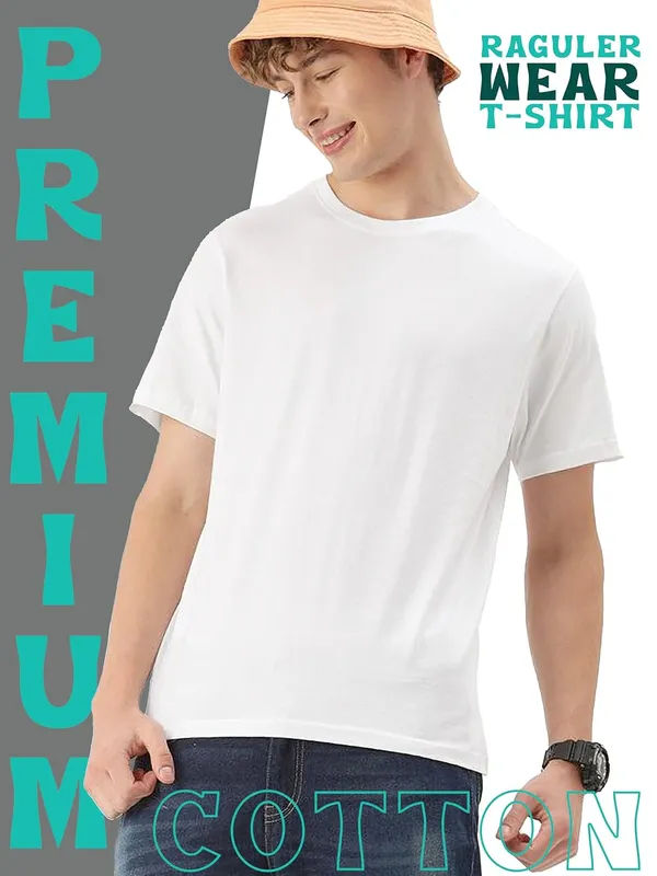 White_Solid_Round_Neck_T_Shirt_White_For_Men
