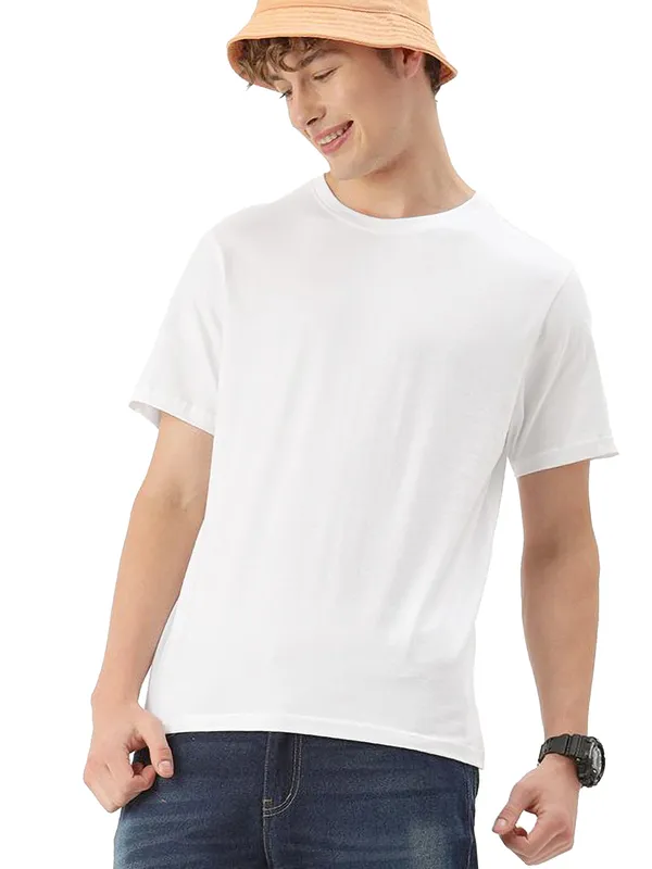 White_Solid_Round_Neck_T_Shirt_White_For_Men