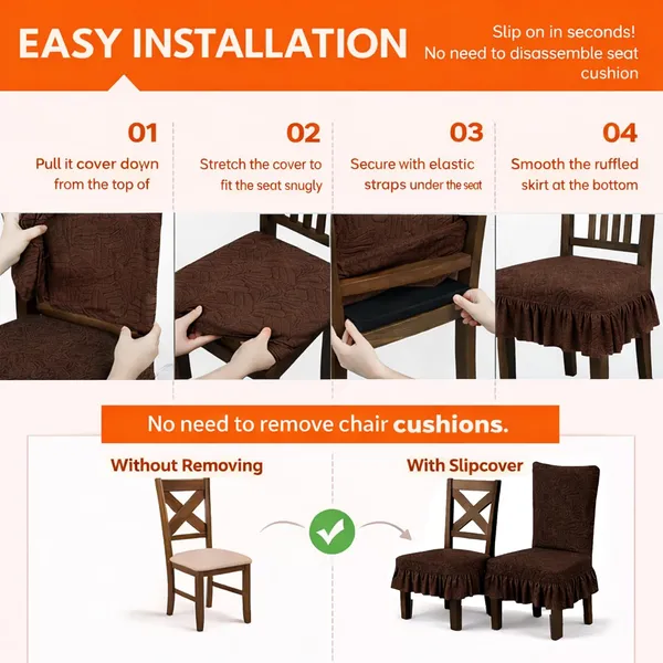 Homerz_Premium_Pack_of_6_Stretchable_Dining_Chair_Cover_with_Frill_Skirt_|_Embossed_Geometric_Printed_Elastic_Chair_Seat_Protector_Slipcover_(Brown,_Pack_of_6)