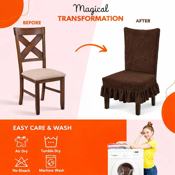 Homerz_Premium_Pack_of_6_Stretchable_Dining_Chair_Cover_with_Frill_Skirt_|_Embossed_Geometric_Printed_Elastic_Chair_Seat_Protector_Slipcover_(Brown,_Pack_of_6)