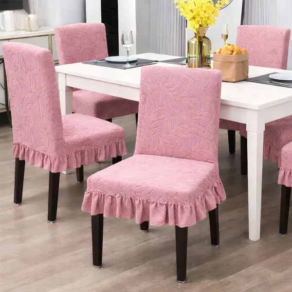 Homerz_Premium_Pack_of_6_Stretchable_Dining_Chair_Cover_with_Frill_Skirt_|_Embossed_Geometric_Printed_Elastic_Chair_Seat_Protector_Slipcover_(Pink,_Pack_of_6)
