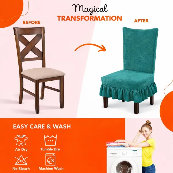 Homerz_Premium_Pack_of_6_Stretchable_Dining_Chair_Cover_with_Frill_Skirt_|_Embossed_Geometric_Printed_Elastic_Chair_Seat_Protector_Slipcover_(Teal,_Pack_of_6)