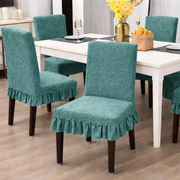 Homerz_Premium_Pack_of_6_Stretchable_Dining_Chair_Cover_with_Frill_Skirt_|_Embossed_Geometric_Printed_Elastic_Chair_Seat_Protector_Slipcover_(Teal,_Pack_of_6)